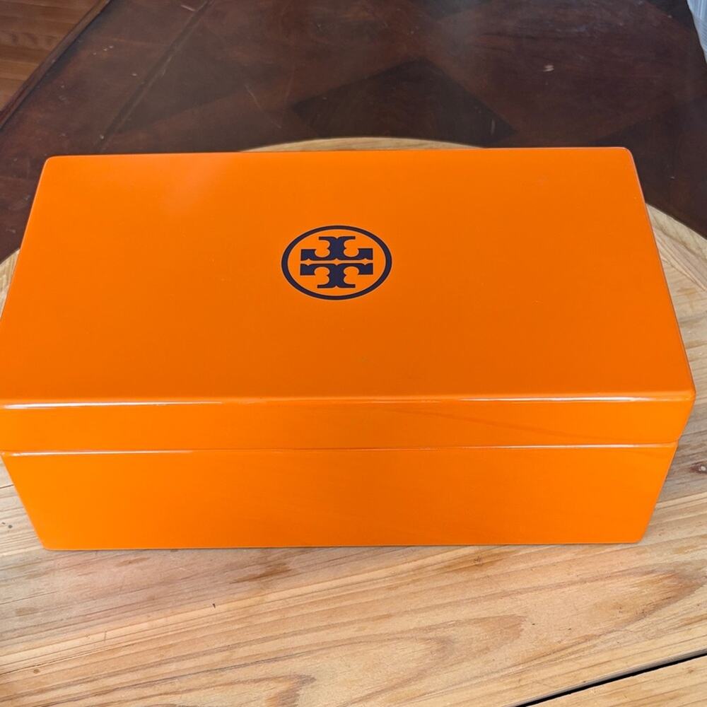 Tory Burch Emblem Vibrant Orange Storage Box navy suede interior
